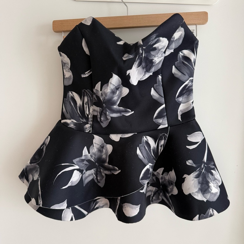 ASOS Black White Floral Strapless Peplum Top Structured Bustier